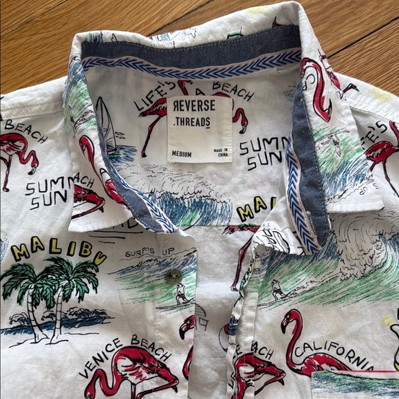 Reverse Threads Men M Button Down Flamingo Malibu Beach Tropical Sailboat Shirt - Picture 2 of 7